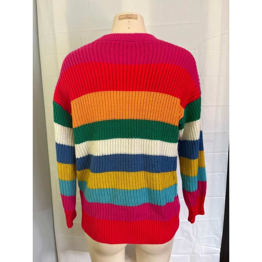 Rainbow Striped Chunky Knit Button Front Cardigan Sweater V-Neck Multi-Color - Picture 3 of 7